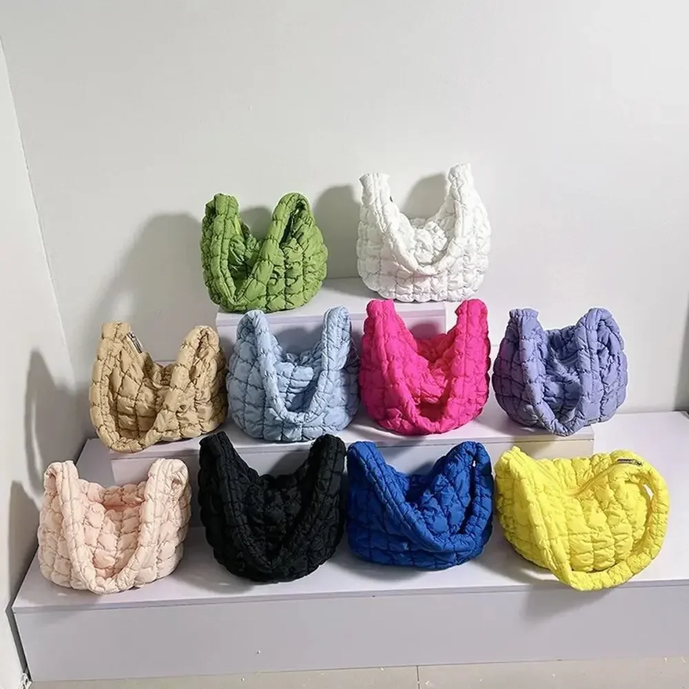Nylon Puffer Solid Color Purse Tote Handbag Slouch Bag Blue